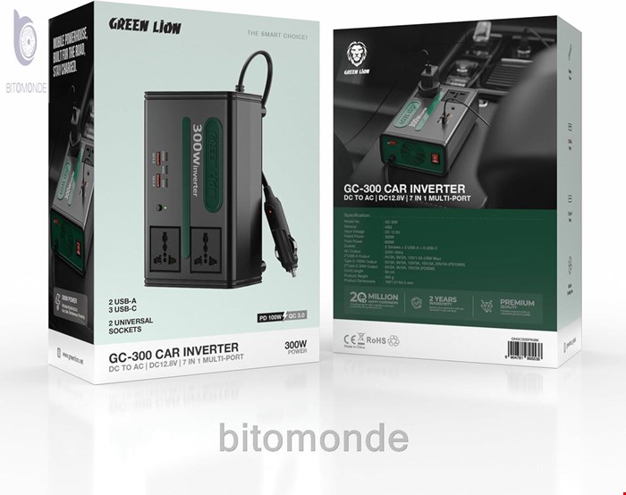 اینورتر فندکی ۳۰۰ وات گرین لاین مدل GREEN LION GC-300 GNGC300PINBK