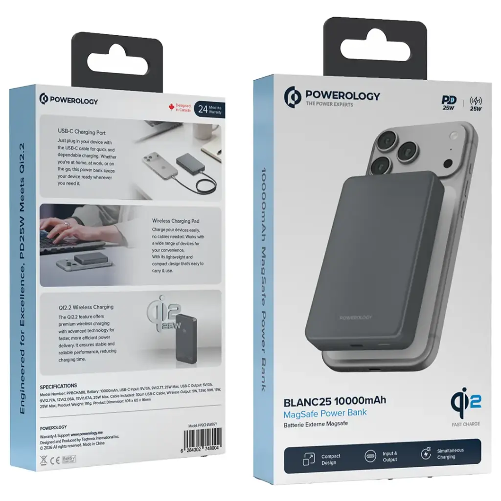 پاوربانک 10000 هزار 25 وات مگ سیف پاورولوژی مدل Powerology Blanc25 10000mAh MagSafe