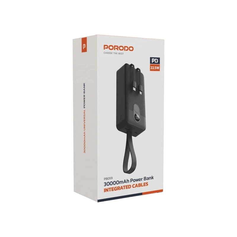 پاوربانک پرودو مدل Integrated Cables ظرفیت 30000 میلی آمپر بر ساعت
