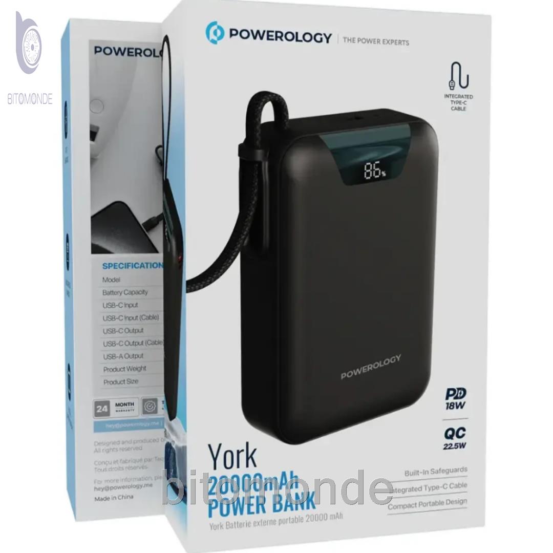 پاوربانک 20000 تایپ‌سی و USB-A توان 22.5 وات پاورولوژی Powerology PPBM102BK با کابل تایپ‌سی متصل و نمایشگر دیجیتالی