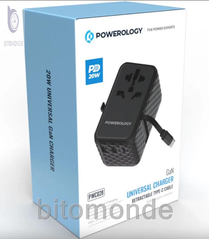 مبدل برق چندکاره 2500 وات و شارژر دیواری فست USB و تایپ‌سی 20 وات پاورولوژی PWCUQC028