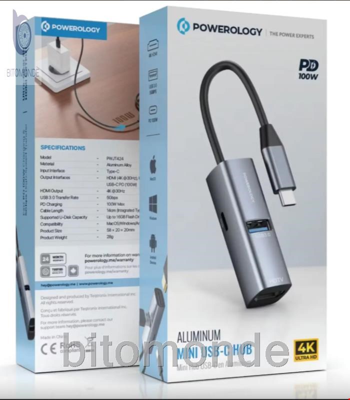 هاب تایپ سی پاورولوژی Powerology مدل PWJT424BK توان 100 وات