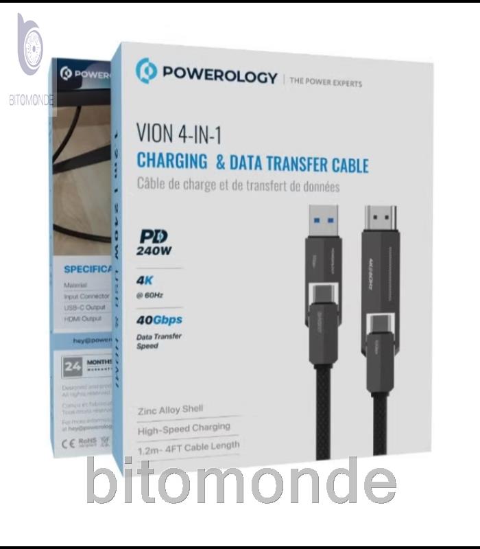 کابل دوسر تایپ سی 4 کاره HDMI و USB-A پاورولوژی مدل Powerology PCAB034BK