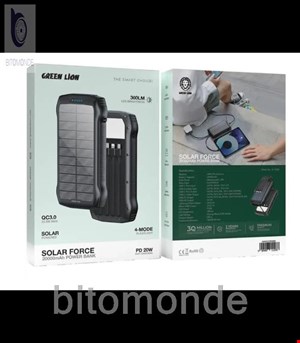 پاوربانک خورشیدی 20000 گرین لاین Green Lion Solar Force GNSOLF20PBBK توان 22.5 وات و کابل متصل