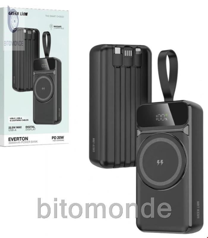 پاور بانک بی سیم فست شارژ گرین لاین Everton GL-PXB4 GNEVRTN30K QC PD 22.5W ظرفیت 30000 میلی‌ آمپر ساعت