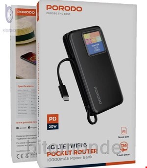 روتر جیبی Porodo 4G LTE با WiFi 6 و پاوربانک 10000mAh مدل PDPBFCH087
