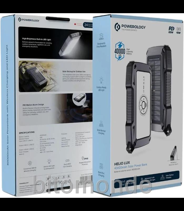 پاوربانک خورشیدی پاورولوژی Helio Lux ظرفیت 40000 میلی‌آمپر ساعت مدل PPBCHA926BK